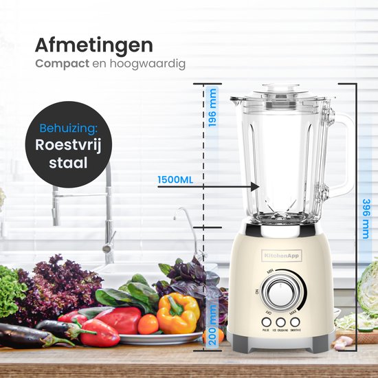 KitchenApp Retro Blender 1,5L – Glazen kan – 800W – Crushed Ice, Smoothie & Pulse – Beige