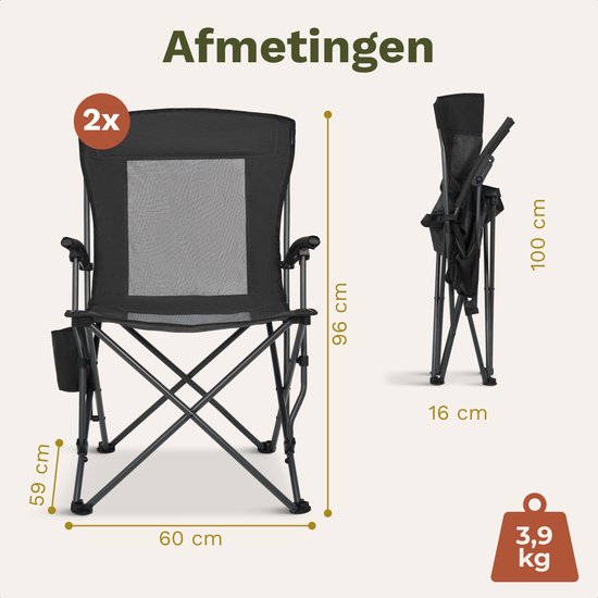 TRVLMORE Campingstoelen - Opvouwbaar - 2-Pack - 120KG Draagvermogen - Incl. Draagtas - Klapstoel - Visstoel - Kampeerstoel - Vouwstoel - Zwart
