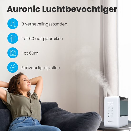 Auronic Luchtbevochtiger - 6L Tankcapaciteit Incl. Waterfilter - Babykamer & Slaapkamer - 3 Vernevelingsstanden - Wit