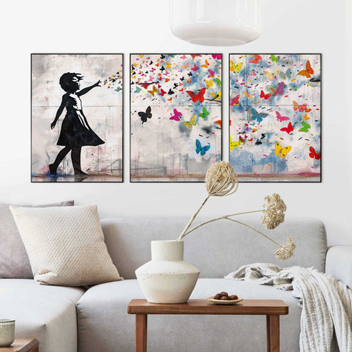 Orange Wallz Balloon Girl Bright Set Van 3 – Voorzien Van Modern Zwart Kader En Ingelijste Posters En Tijdloze Look – Voor Woonkamer En Slaapkamer – Zwart Hout En Papier – 70 x 50 cm