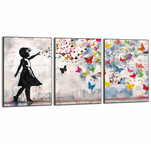 Orange Wallz Balloon Girl Bright Set Van 3 – Voorzien Van Modern Zwart Kader En Ingelijste Posters En Tijdloze Look – Voor Woonkamer En Slaapkamer – Zwart Hout En Papier – 70 x 50 cm