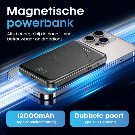 Strolox Powerbank - 12000 mAh - Geschikt voor MagSafe systeem - Draadloze Powerbanks - Snellader - Noodpakket - Met Stand