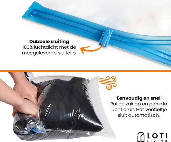 Loti Living Vacuümzakken voor op Reis - 12 Stuks/3 Maten - Kleding - Vacuüm Handrolzakken - Roll Up - Vacuümzakken Oprolbaar