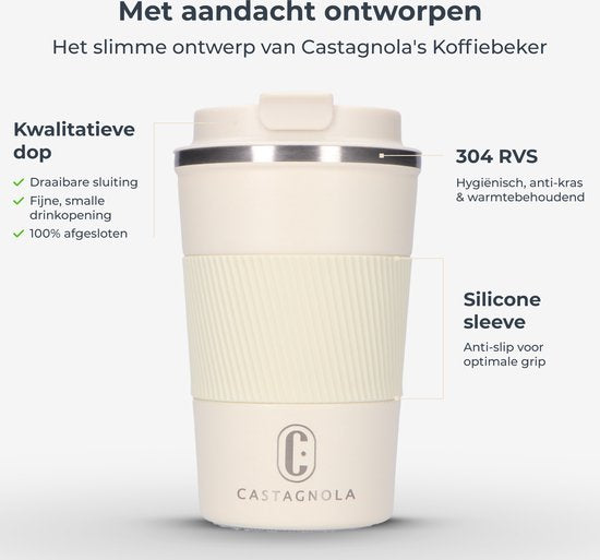Castagnola Thermosbeker - Koffiebeker To Go - Travel Mug voor Koffie en Thee - Theebeker - 380 ML - RVS - Offwhite