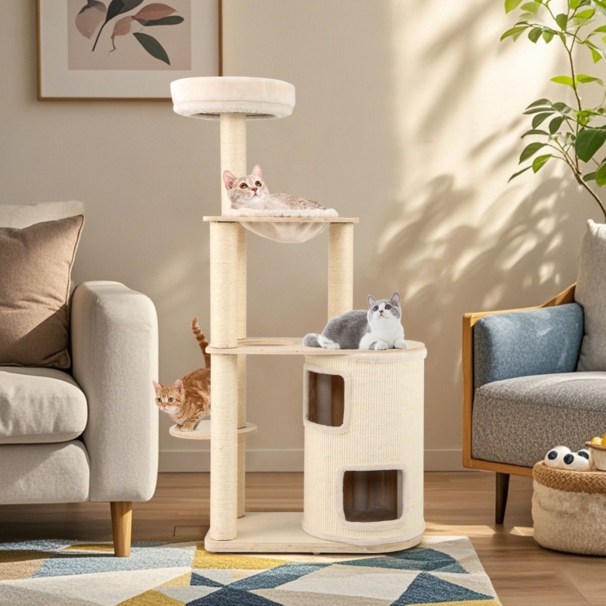 Coast 151 cm Krabpaal Naturel/Wit – Grote Houten Kattenboom met 2 Verdiepingen, Hangmat & Sisal-Krabpalen