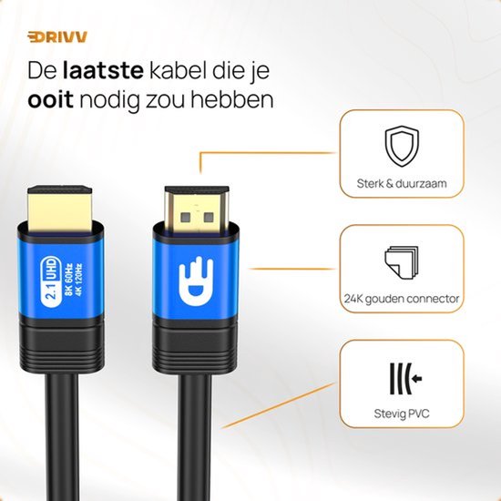Drivv. Premium HDMI Kabel 2.1 - Ultra HD High Speed 8K - HDMI naar HDMI - Geschikt voor gameconsoles - 10 meter - Blauw
