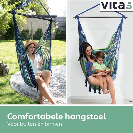 Vita5 XXL Hangstoel | Binnen&Buiten Hangnest | Incl. 2 Kussens en Boekenvak | Volwassenen&Kinderen | Hangmatstoel tot 200kg | Blauw/Groen/Wit
