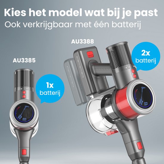 Auronic Draadloze Steelstofzuiger – 350W Krachtige Motor – Extra Accu – Tot 45 min Gebruik – Lichtgewicht & Wendbaar – Rood/Grijs