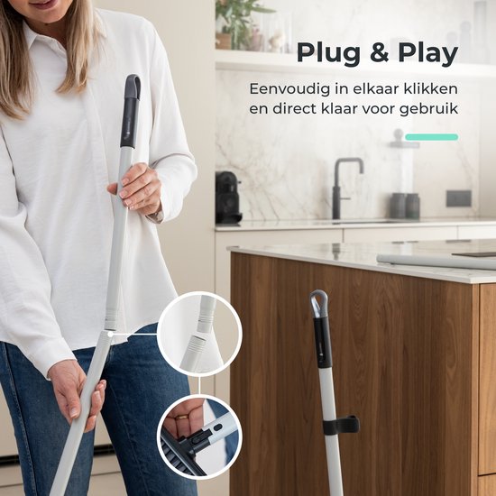 CLEANLY Stoffer en Blik met lange Steel 134 cm - Bezem voor Binnen en Buiten - Innovatieve Borstelvezels - Zwart, Grijs