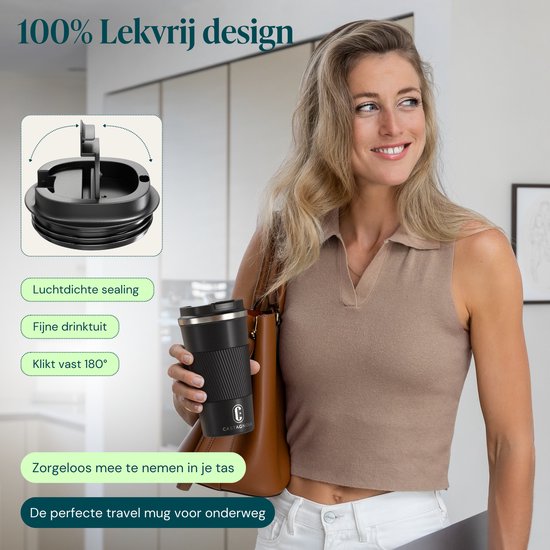 Castagnola Thermosbeker - Koffiebeker To Go - Travel Mug voor Koffie en Thee - Theebeker - 510 ML - RVS - Zwart