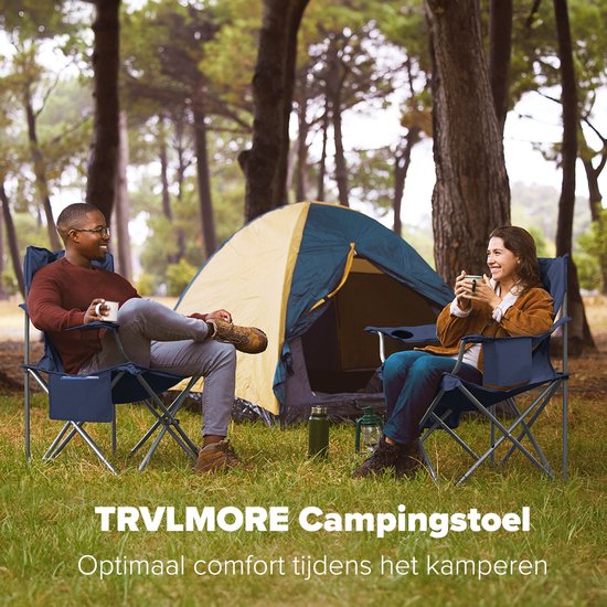 TRVLMORE Campingstoelen - Opvouwbaar - 2 Stuks - XL - Vouwstoelen - 150 kg draagvermogen - Drankhouder - Koelvak - Zijvak - Klapstoel - Blauw