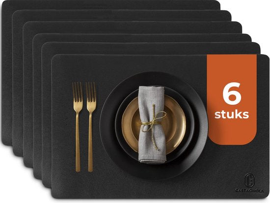 Castagnola Lederlook Placemats - Antislip Placemat van Kunstleer - Waterafstotende Onderlegger - Onderzetter - Placemats kunststof - 6 Stuks - 45 x 30 cm - Zwart