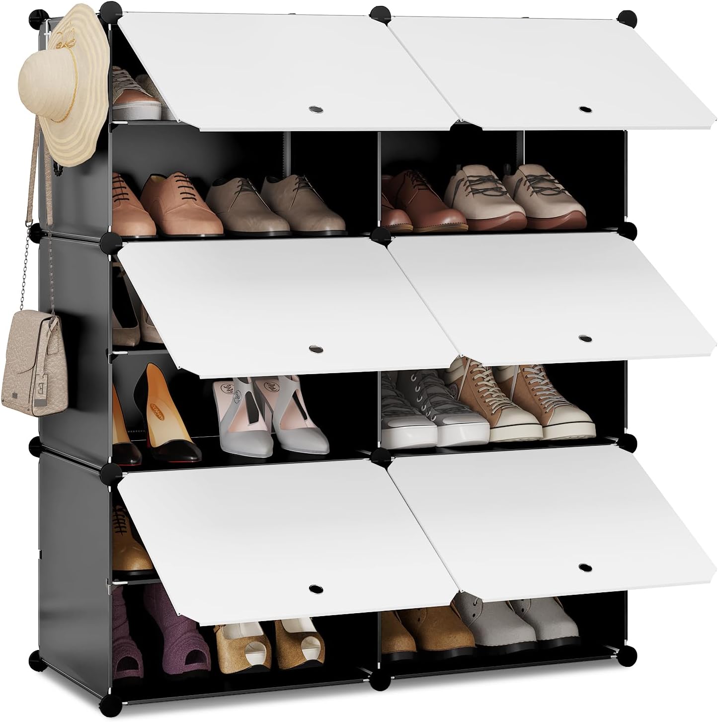 Woltu Schoenenrek met 6 Vakken - Opbergkast voor 24 Paar Schoenen - Wit/Zwart - 94 x 36,5 x 109 cm