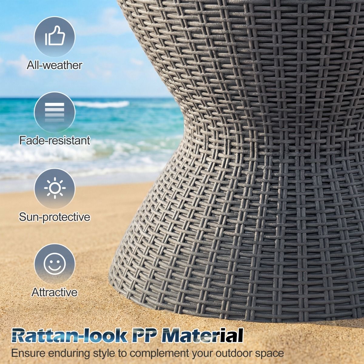 Coast Wijnkoeler 30L met Uitschuifbaar Tafelblad – Verstelbaar 57,5-82cm – Rotan Look – Grijs