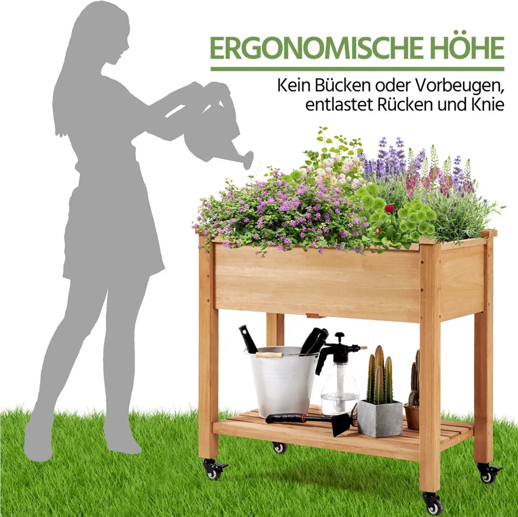 Yaheetech Verhoogde Plantenbak op Wielen 87 x 47 x 83,5 cm - Lichtbruin - Houten Kweekbak met Opbergplank