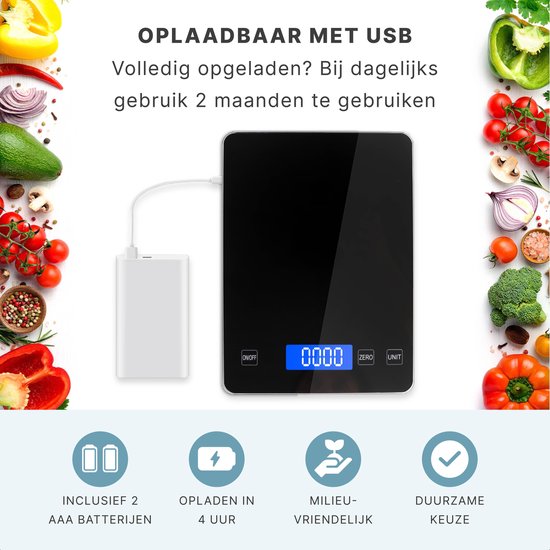 S.old Digitale Keukenweegschaal – Weegschaal Keuken - USB Oplaadbaar - 1gr tot 10kg – Tarra Functie - Zwart - 23x16x3 cm