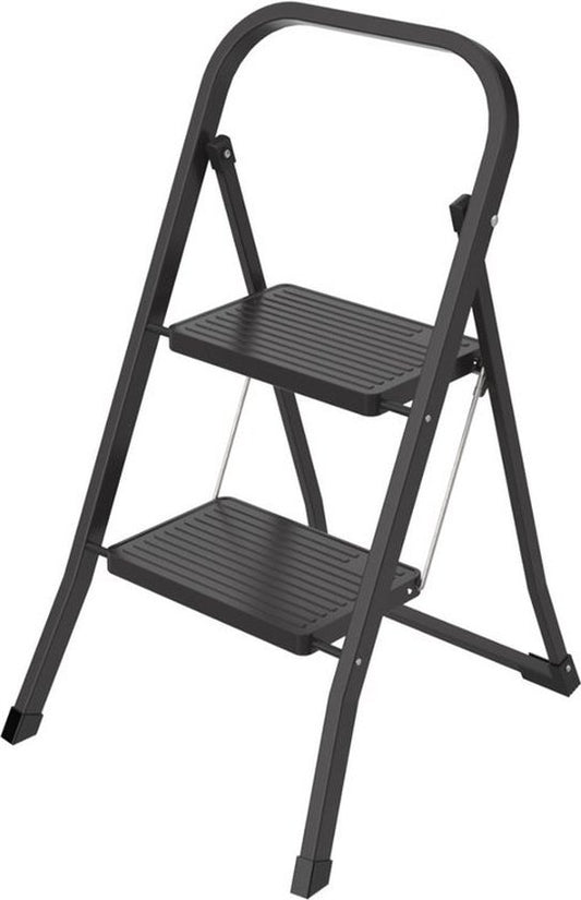 BRASQ Huishoudtrap 2-treden zwart - keukentrap inklapbaar metaal voor particulier en professioneel gebruik - Trapladder - Antislip