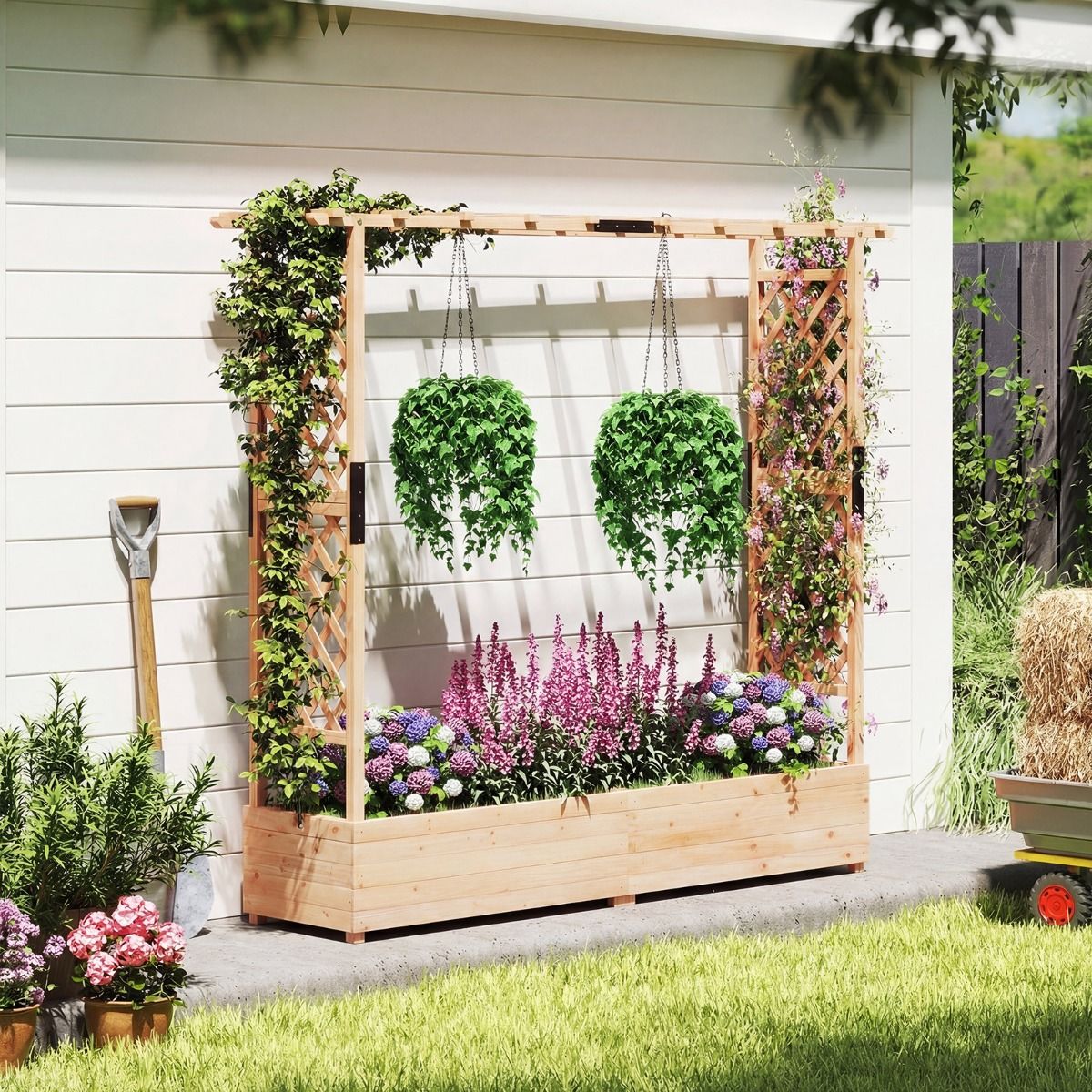 Coast Plantenbak met klimrek - verhoogde plantenbak - hangend dak - naturel hout - 196 x 44 x 182 cm