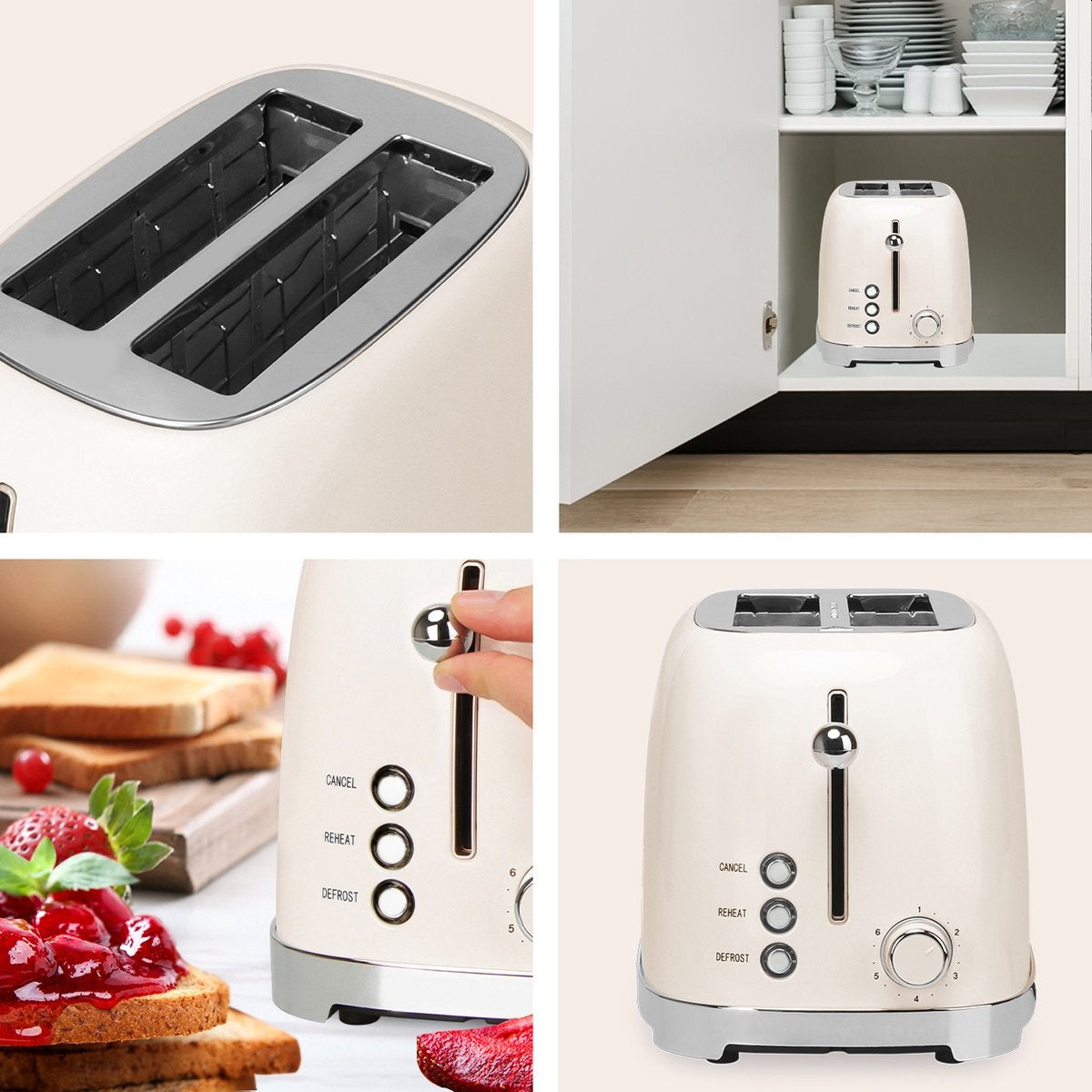 KitchenBrothers Retro Broodrooster - Toaster - 6 Warmteniveaus - 2 Extra Brede Sleuven - 815W - Beige