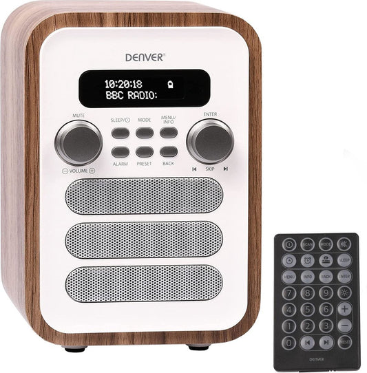 Denver DAB48W DAB+/FM Retro Radio – Bluetooth – 25W – LCD Display – 80 Voorkeurszenders – Wekker & Slaaptimer – Inclusief Afstandsbediening