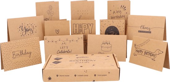 Partizzle 36x Duurzame Verjaardagskaarten met Envelop Set - Ansichtkaarten Versturen - Leuke Kraft Verjaardag Kaarten - Volwassenen - 15x10 cm