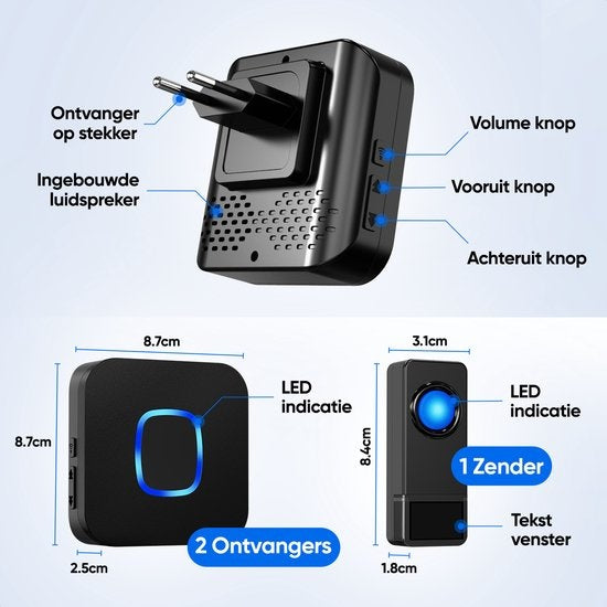 Strex Draadloze Deurbel met 2 Ontvangers - Plug & Play - 300 Meter - 4 Volume / 58 Melodieën - IP55 Waterdicht