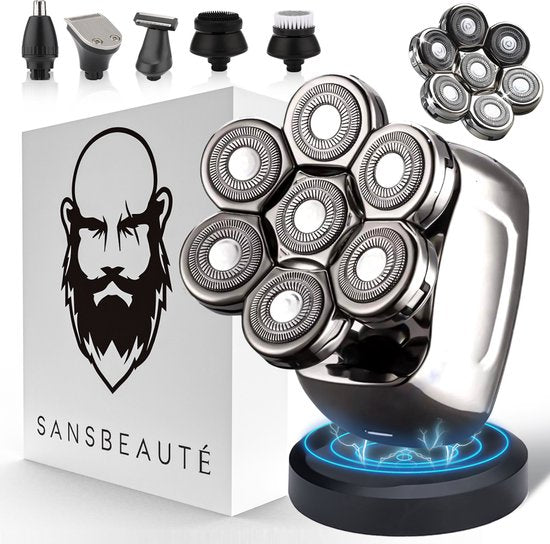 6-in-1 Scheerapparaat Mannen + Extra Scheerkop – Sansbeauté® SkullSharp PRO – Nat & Droog – Draadloos Opladen