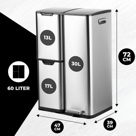 Bayt Prullenbak - Prullenbak 60 Liter - Vuilnisbak 60 Liter - Pedaalemmer 60 Liter - Prullenbak Afvalscheiding - Prullenbak 3 Vakken - Afvalbak - RVS - Zilver