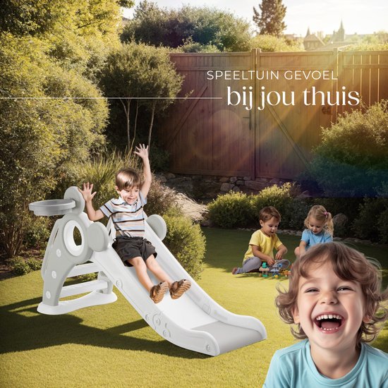 tectake® Kinderglijbaan - Glijbaan Peuter - Vanaf 2 jaar - Met basketbalring - Opvouwbaar - 128 x 66,5 x 67,5 cm - Voor binnen en buiten - Grijs