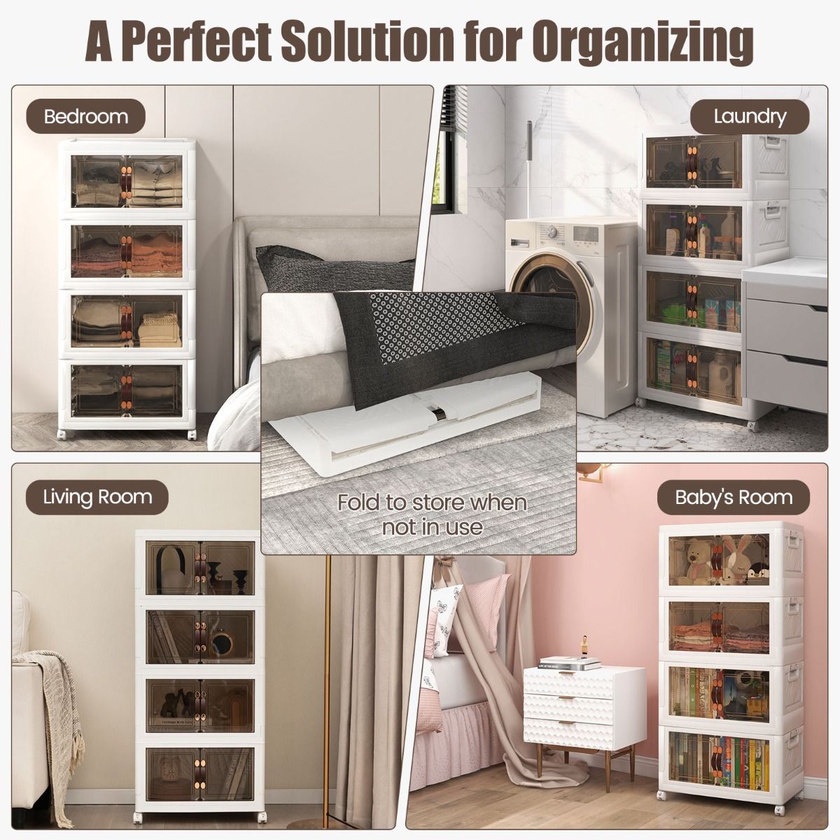 Coast Opbergkast - 4 Opvouwbare en Stapelbare Bakken - 49.5 x 31.5 x 112.5 cm - Wit met Bruin