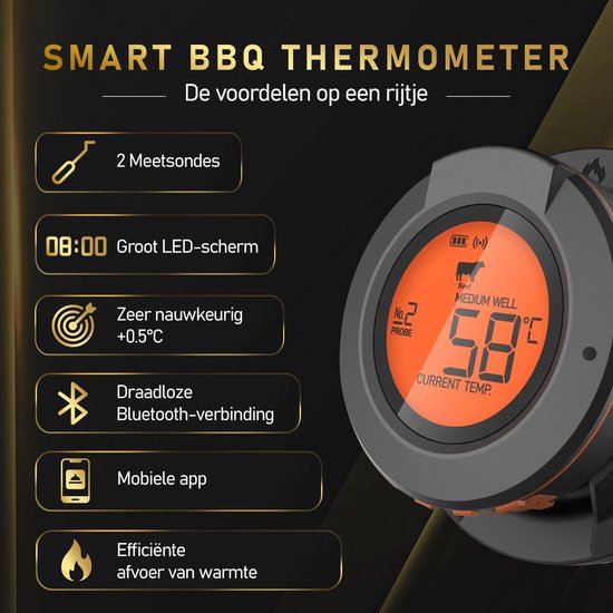 MostEssential AT-02 Vleesthermometer - Slimme BBQ Thermometer - Oventhermometer - Inclusief Bluetooth, App & 2 Meetsondes