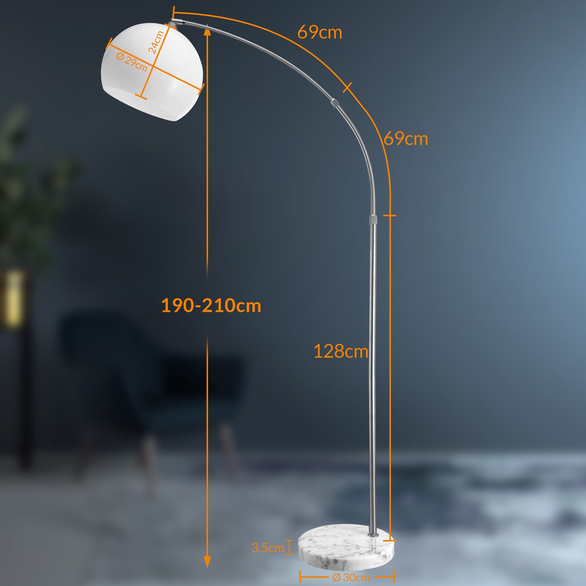 Monzana Retro Design Booglamp - Staande Vloerlamp - Verstelbaar 190-210 cm - Opaalwit - Zilver
