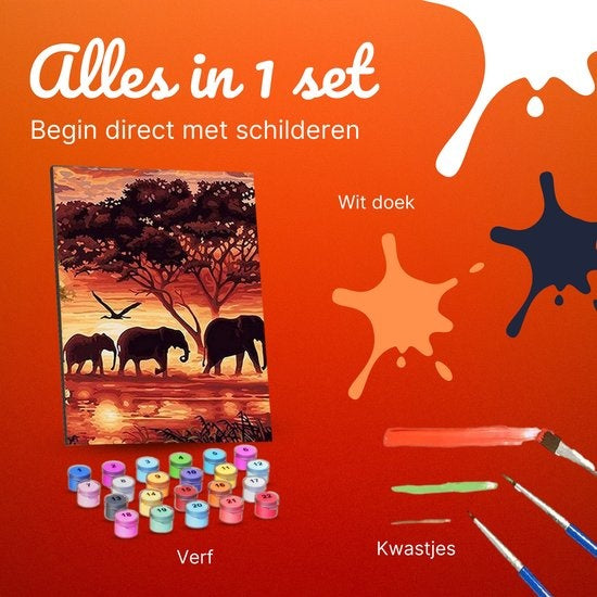 Schilderen op Nummer Olifanten Familie – 40x50 cm Canvas – DIY Schilderpakket voor Volwassenen