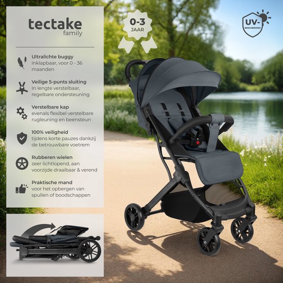 tectake® Buggy Kinderwagen Finn - Lichtgewicht plooibuggy - Inklapbaar en met opvouwbare kap - Zonwerend - Draagkracht 15kg - Antraciet