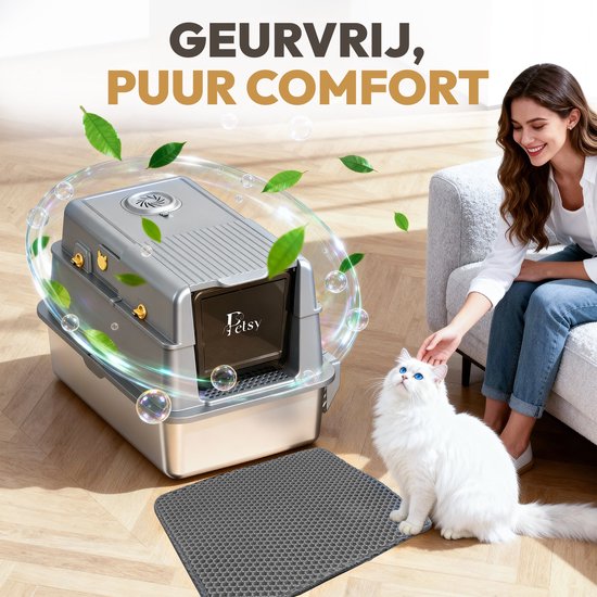 Petsy® - Premium Kattenbak RVS Pro - XXL - Incl. Geurneutralisator - Incl. Kattenbakschep, Grit Opvanger & Uitloopmat - Voor Grote & Kleine Katten - 37L Inhoud Groot -