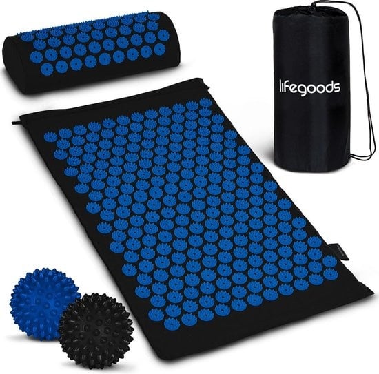 LifeGoods Acupressuur Mat met Kussen - Shakti mat - Spijkermat Incl. 2x Triggerpoint Bal - 66x40x2cm - Zwart/Blauw