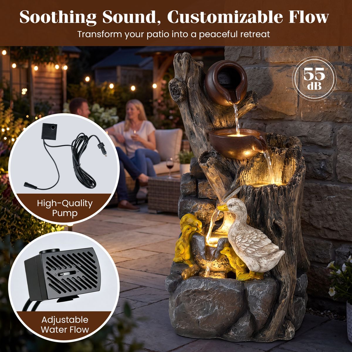 Coast Tuinfontein met eendenfamilie - 4-traps waterval - LED-verlichting - grijs - 30 x 27 x 57 cm