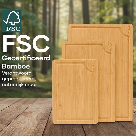 Villux Snijplank - Snijplankenset - Snijplank Hout - Snijplanken - Snijplank Bamboe - Houten Snijplank - Tapasplank - Borrelplank - Serveerplank - Hapjesplank - Inclusief eBook - 3 Stuks - Bamboe