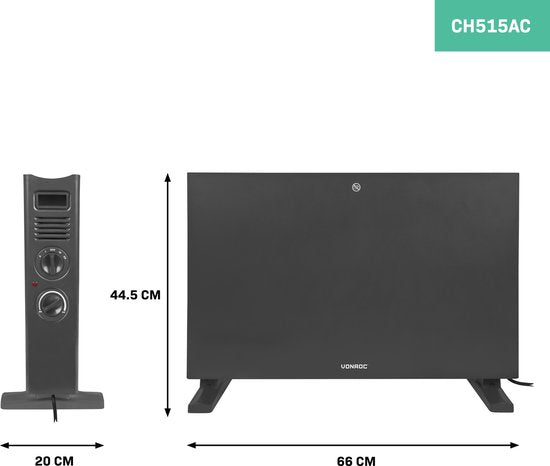 VONROC Elektrische kachel - Convectorkachel met ingebouwde radiator ventilator - 2 standen: 1250W/2000W - Regelbare thermostaat - Verwarmt ruimtes tot 24m2 – Modern design - Grijs