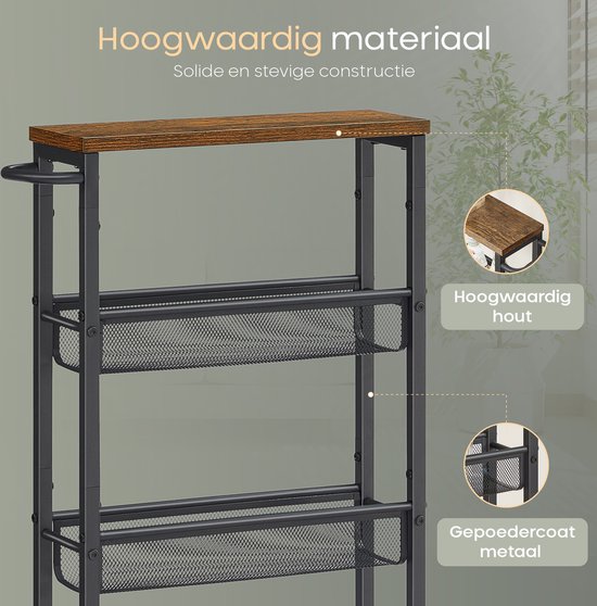 O'DADDY® Keukentrolley - Smalle Rolwagen - Keukeneiland - Serveerwagen - Keukentrolley Op Wieltjes - Keuken Trolley - Industrieel Design - Bruin Hout - Zwart Metaal