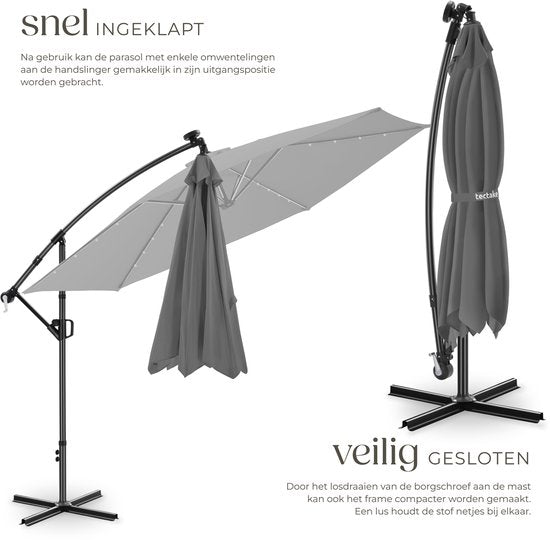 tectake® Zweefparasol met Voet - 3,5 x 3,5 m - Tuinparasol met LED-Verlichting op Zonne-Energie - Draaibaar - Waterafstotend Polyester met UV-Bescherming - Inclusief Hoes - Grijs