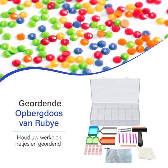 Rubye® Diamond Painting Accessoires Pakket - Opbergdoos - Diamond Painting Volwassenen - Roller - Pennen - Wax - Schudbakjes - Etui - Pincet - Starterspakket