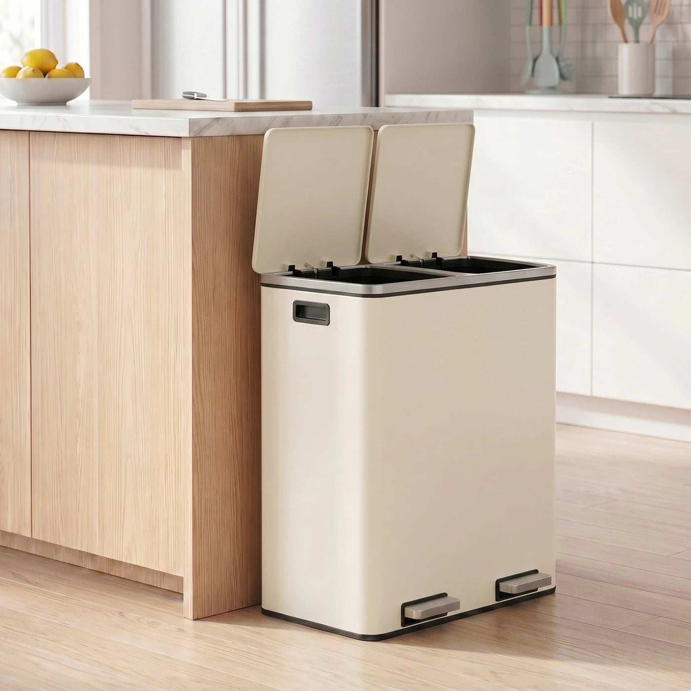 Joyfurnos Dubbele Pedaalemmer - Crème - 2 Uitneembare Binnenemmers - Softclose Deksels - Staal - 59 x 32,5 x 65,2 cm