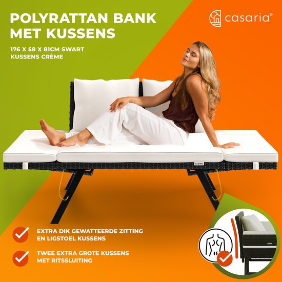 Casaria Polyrattan Tuinbank – 176 cm Verstelbaar Incl. Kussens – Zwart