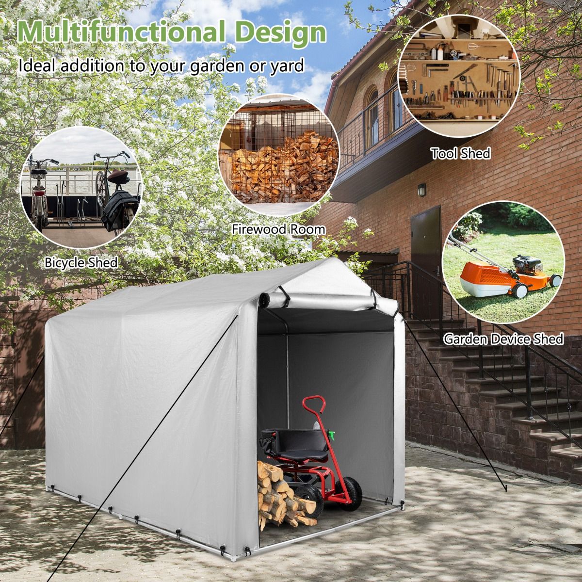 Coast 160 x 218 x 164 cm Grijze Buiten Fietsenstalling en Draagbare Garage met Oprolbare Ritsdeur