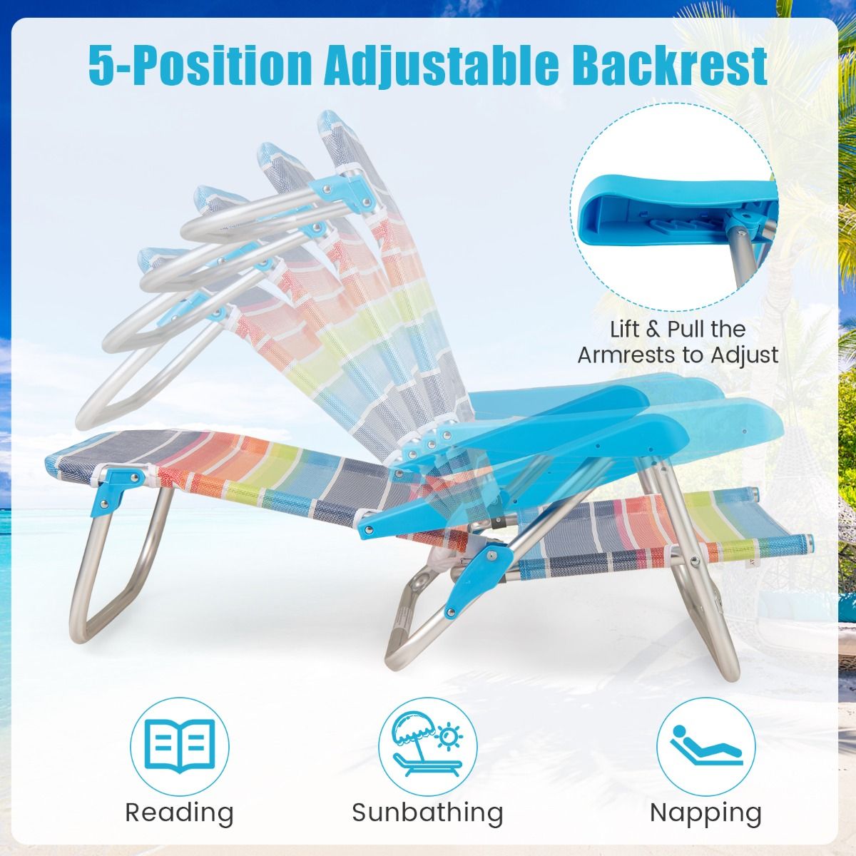 Coast Opvouwbare Strandstoelen Set van 2 - Verstelbare Rugleuning - Lichtgewicht Campingstoelen - 64 x 63 x 74 cm