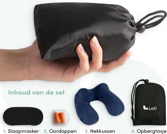 Loti Opblaasbaar Nekkussen set 3 in 1 met Opbergtasje - Vliegtuig Kussen - Reiskussentje - Fluweel - Inclusief slaapmasker en oordoppen – Blauw