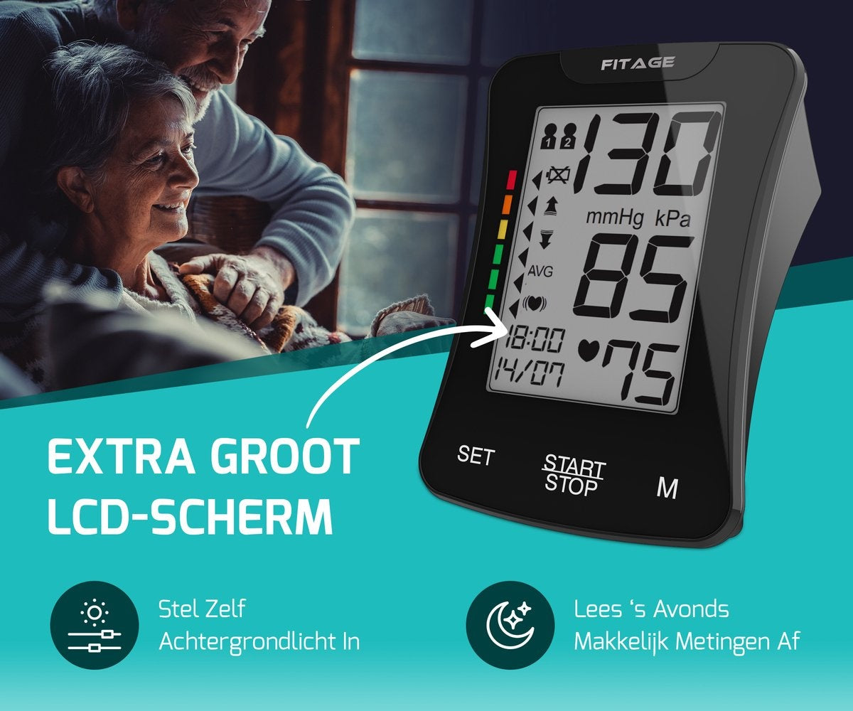 FITAGE Medische Bloeddrukmeter Bovenarm - Bloeddrukmeters - Hartslagmeter - Blood Pressure Monitor - Manchet 22-42cm