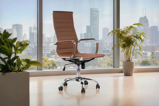 Feel Furniture - Luxe Bureaustoel - Hoge Rugleuning - Cognac met Zilveren Frame