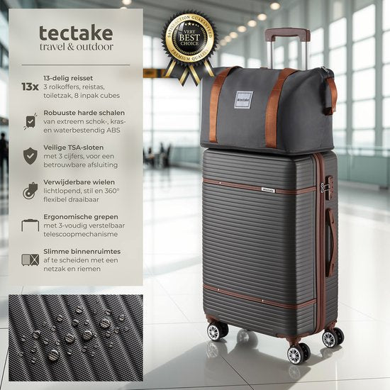 tectake® Kofferset - 13-delige Reisset - Koffers - Koffer set - Bagageset Inclusief Handbagage Koffer, Ruimbagage Koffer Groot, Reistas, Toilettas, Accessoiretas - Trolley met TSA slot - Antraciet